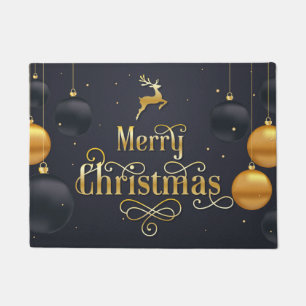 Merry Christmas Elegant Holiday Black Gold Doormat