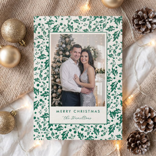 Merry Christmas Elegant Holly Berry Green Letterpress Photo Cards