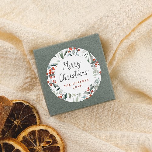 Merry Christmas Elegant Holly  Pine Holiday Classic Round Sticker