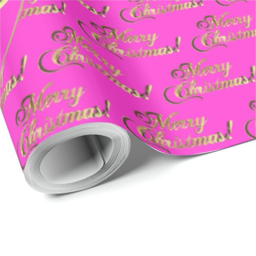 Merry Christmas Elegant Hot Pink Gold Script Wrapping Paper