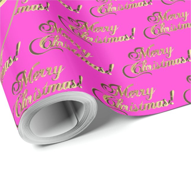 Merry Christmas Elegant Hot Pink Gold Script Wrapping Paper (Roll Corner)