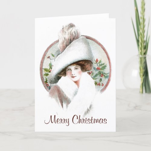 Merry Christmas Elegant Lady Hat Holly Vintage  Holiday Card