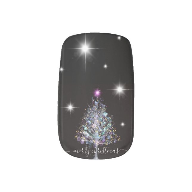 Merry Christmas elegant lit tree with stars Minx Nail Art (Left Thumb)