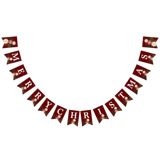 MERRY Christmas Elegant Maroon Poinsettia Holiday Bunting Flags (All)