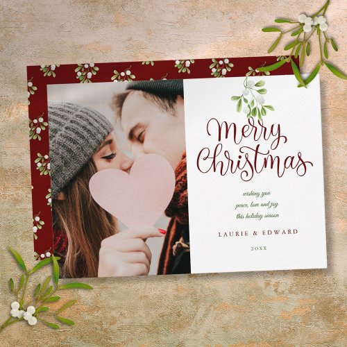 Merry Christmas Elegant Mistletoe Couples Photo Holiday Card