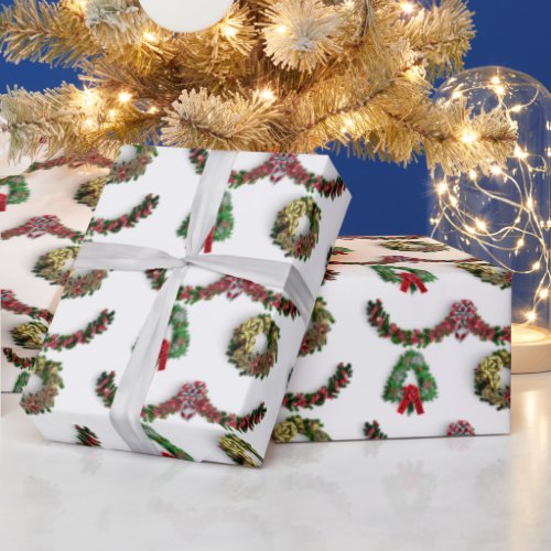 Merry Christmas Elegant Modern Garland Wreath Wrapping Paper