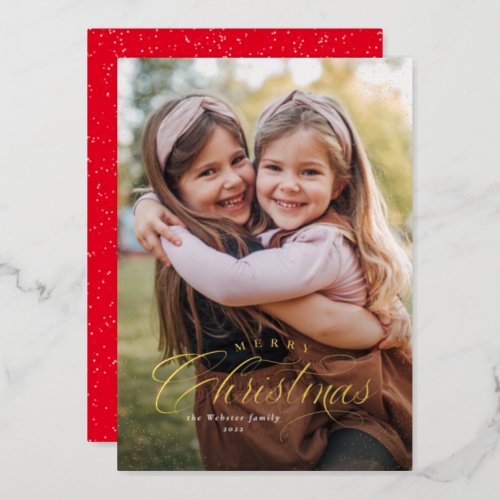 Merry Christmas elegant one photo snow frame Foil Holiday Card