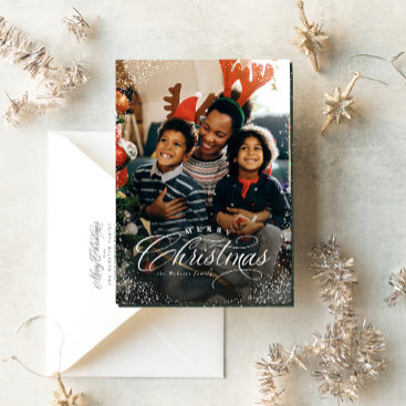 Merry Christmas elegant one photo snow frame Holiday Card