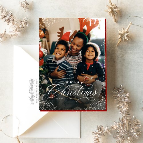 Merry Christmas elegant one photo snow frame Holiday Card
