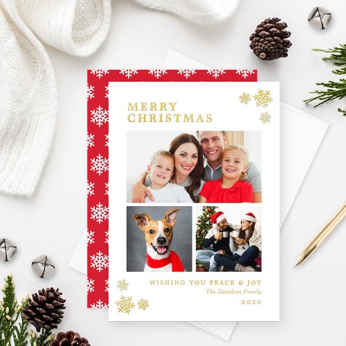 Merry Christmas Elegant Photo Collage Gold Foil Holiday Card