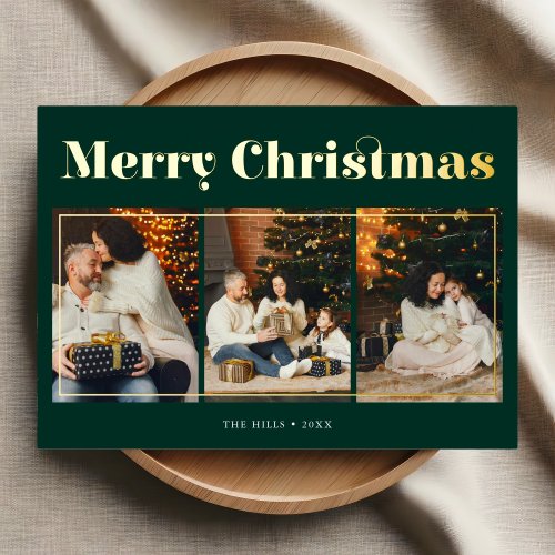 Merry Christmas Elegant Photo Green Foil Holiday Card