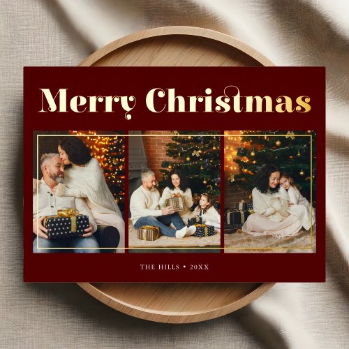 Merry Christmas Elegant Photo Red Foil Holiday Card