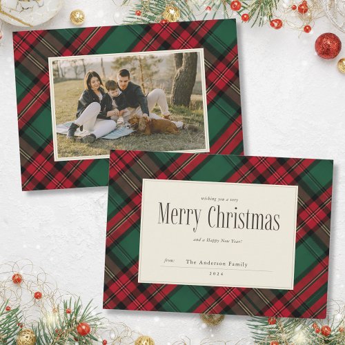 Merry Christmas Elegant Plaid Family Photo Holiday Card