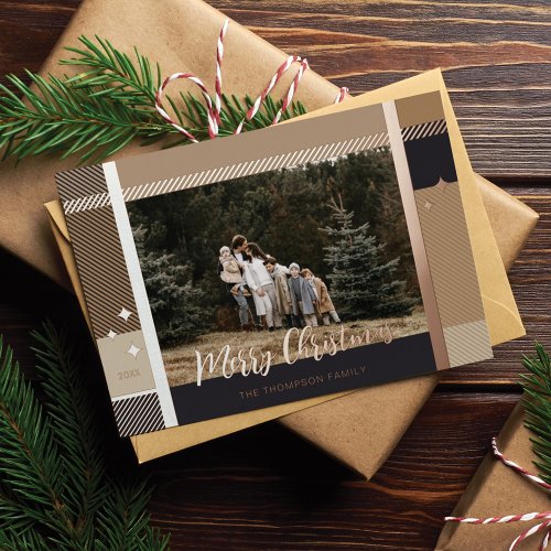 Merry Christmas Elegant Plaid Pattern Photo Frame Foil Holiday Card