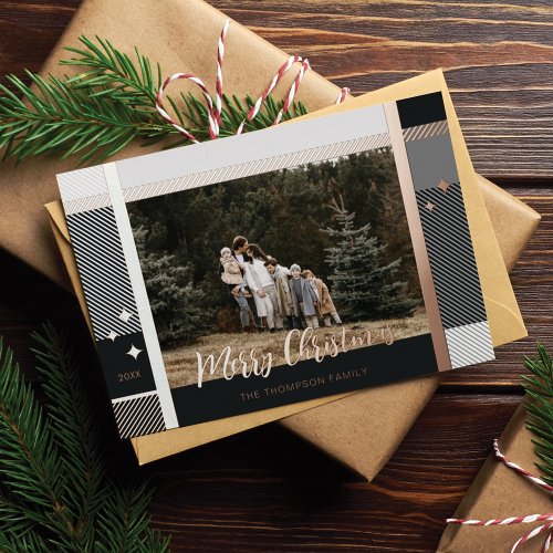 Merry Christmas Elegant Plaid Pattern Photo Frame Foil Holiday Card