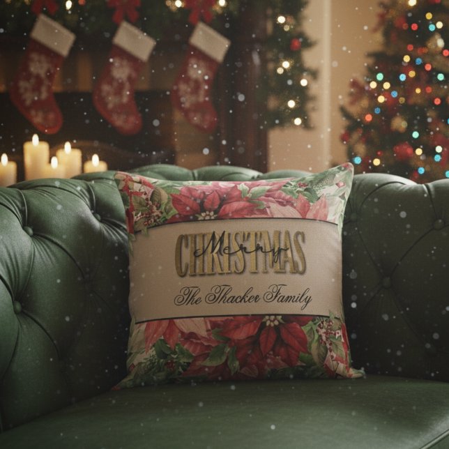 Merry Christmas Elegant Poinsettia Family Name Throw Pillow (Creator Uploaded)