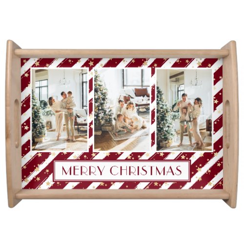 Merry Christmas Elegant Red Family Photo Collage Serving Tray