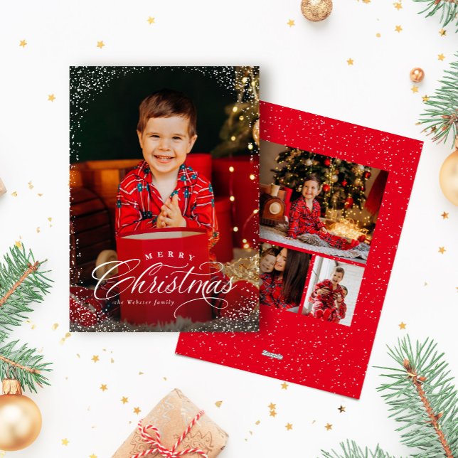Merry Christmas elegant red four photo snow frame Holiday Card (Creator Uploaded)