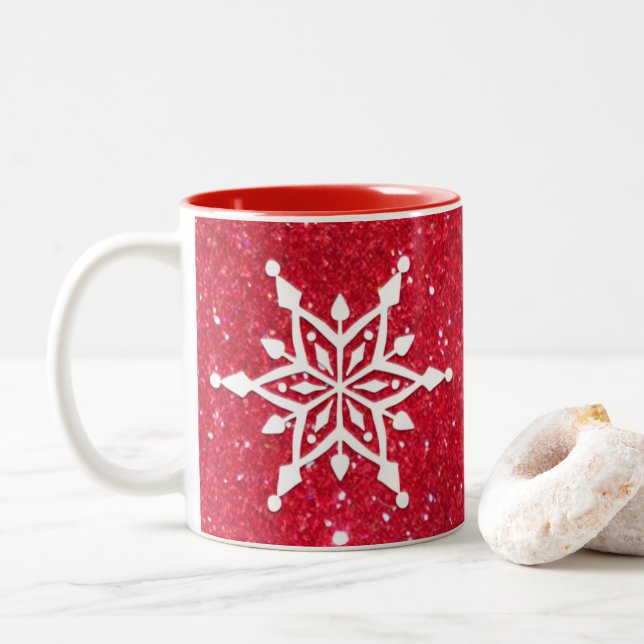 "Merry Christmas" Elegant Red Glitter Snow Flakes Two-Tone Coffee Mug (With Donut)
