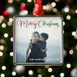 Merry Christmas Elegant Red Green Photo Overlay Metal Ornament<br><div class="desc">Elegant Merry Christmas photo ornament with beautiful cursive typography in red and green. This modern holiday family photograph features gorgeous script and your name in white over the full bleed picture for a great personalized holiday gift.</div>