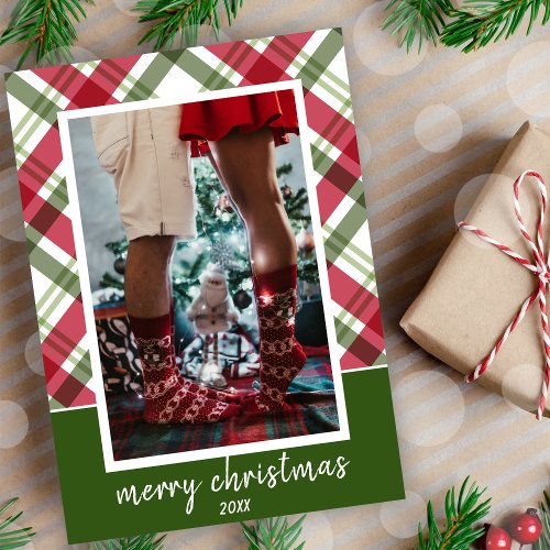 Merry Christmas Elegant Red Green Plaid Photo Holiday Card