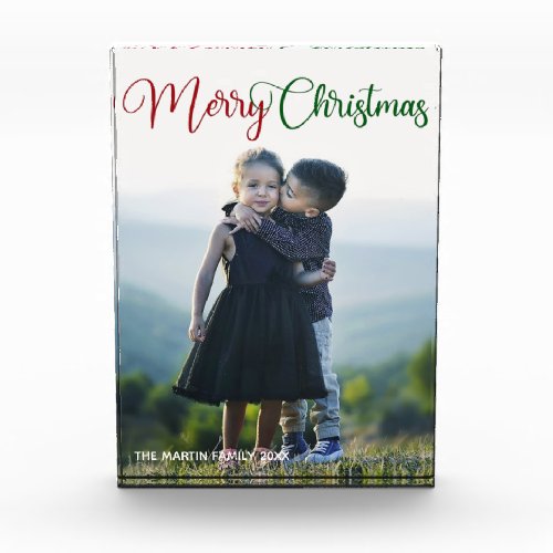 Merry Christmas Elegant Red Green Script Family Photo Block