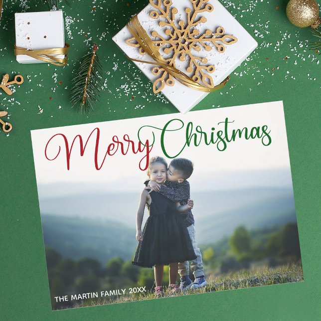 Merry Christmas Elegant Red Green Script Photo Holiday Card (Creator Uploaded)