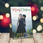 Merry Christmas Elegant Red Green Script Photo Plaque<br><div class="desc">Elegant Merry Christmas photo plaque with beautiful cursive typography in red and green. This modern holiday family photograph gift features gorgeous script and your name in white over the full bleed picture.</div>