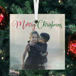 Merry Christmas Elegant Red Green Typography Photo Glass Ornament<br><div class="desc">Elegant Merry Christmas photo ornament with beautiful cursive typography in red and green. This modern holiday family photograph features gorgeous script and your name in white over the full bleed picture for a great personalized holiday gift.</div>