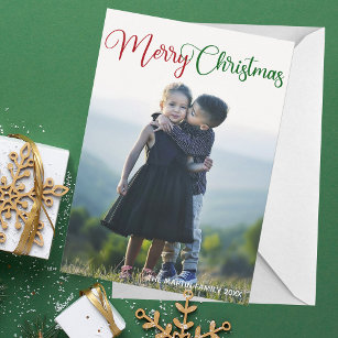 Merry Christmas Elegant Red Green Typography Photo Holiday Card