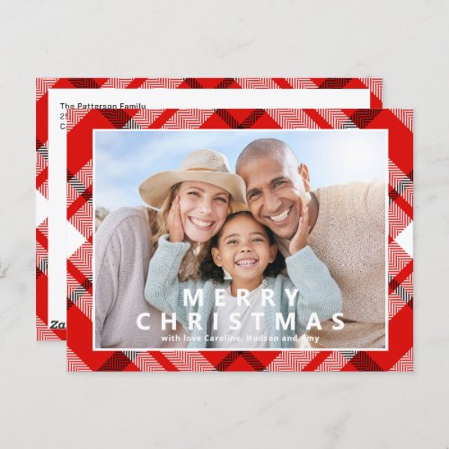 Merry Christmas Elegant Red Plaid Photo Holiday Postcard