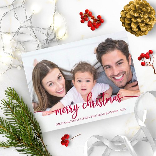 Merry Christmas Elegant Red Script Photo Holiday Postcard