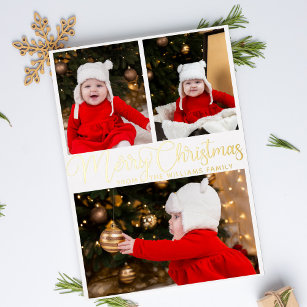Merry Christmas Elegant Script 3 Family Photo Gold Foil Holiday Card