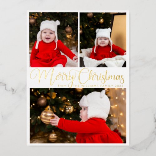 Merry Christmas Elegant Script 3 Family Photo Gold Foil Holiday Postcard