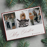 Merry Christmas elegant script 3 photo collage Holiday Card<br><div class="desc">Minimalist red frame and white simple elegant 3 family photos Merry Christmas holiday card template with text message.</div>