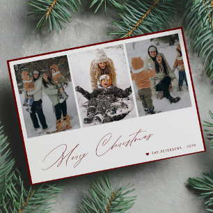 Merry Christmas elegant script 3 photo collage Holiday Card