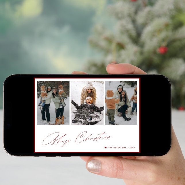 Merry Christmas elegant script 3 photo collage Holiday Card (Front Digital)