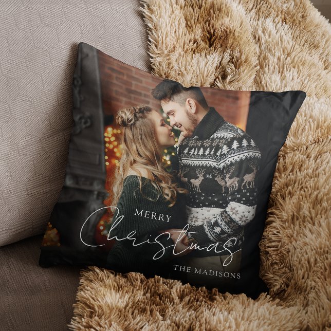 Merry Christmas Elegant Script Couple Photo Throw Pillow (Creator Uploaded)