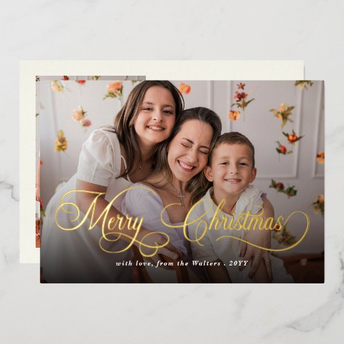 Merry Christmas Elegant Script Family Photo  Foil Holiday Card
