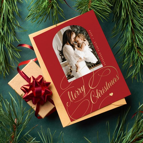 Merry Christmas elegant script family photo  Holiday Card