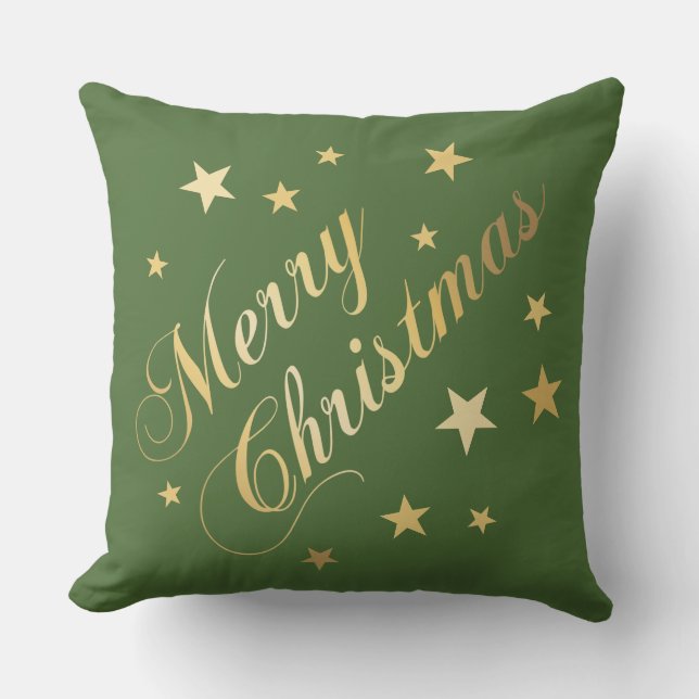 Merry Christmas Elegant Script Gold Stars Green Throw Pillow (Front)
