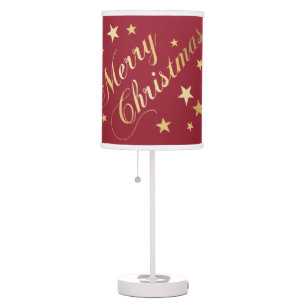 Merry Christmas Elegant Script Gold Stars Red Table Lamp