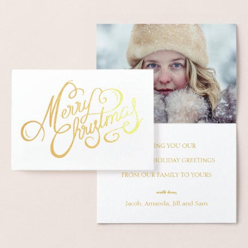 Merry Christmas Elegant Script Holiday Photo Gold Foil Card