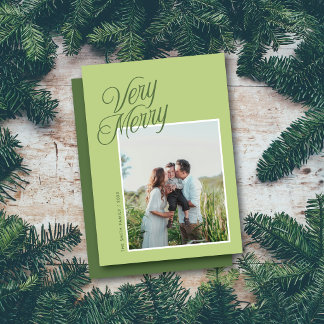 Merry Christmas Elegant Script One Photo Green Holiday Card