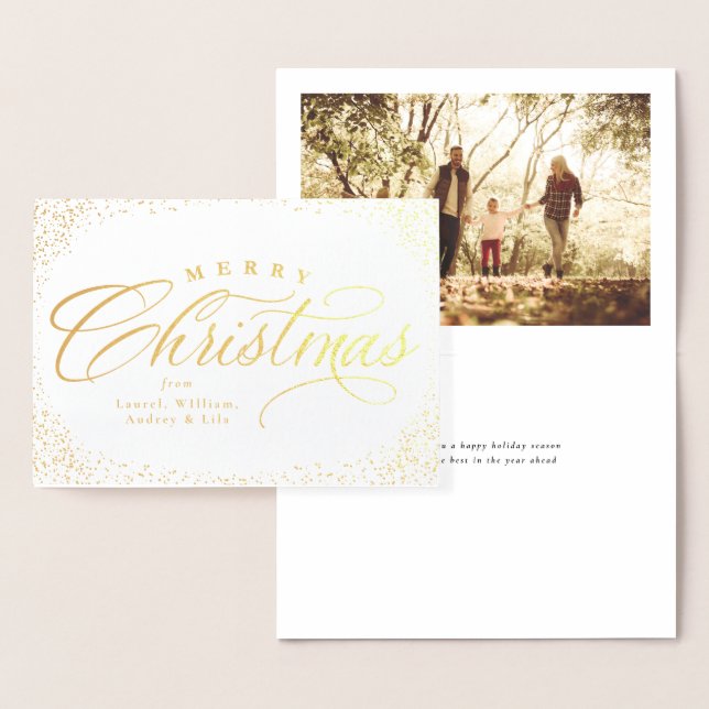 Merry Christmas elegant script one photo holiday Foil Card (Display)