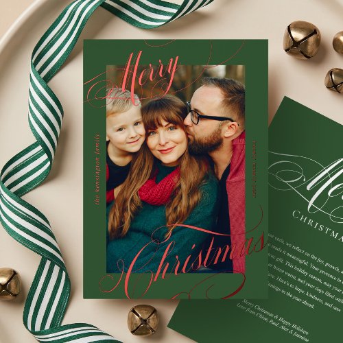 Merry Christmas Elegant Script Personalized Photo Foil Holiday Card