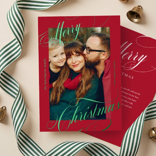 Merry Christmas Elegant Script Personalized Photo Foil Holiday Card