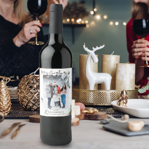 Merry Christmas Elegant Script Photo Christmas Wine Label