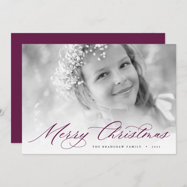 Merry Christmas | Elegant Script Photo Holiday Card (Front/Back)