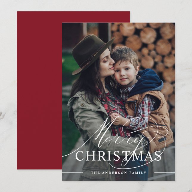 Merry Christmas | Elegant Script Photo Merlot Red Holiday Card (Front/Back)